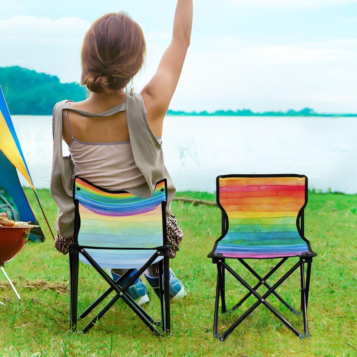 JUMBEAR Schöner faltbarer Campingstuhl mit Regenbogenstreifen für Erwachsene und Kinder, leicht, faltbar, geeignet für den Außenbereich, Stühle für 