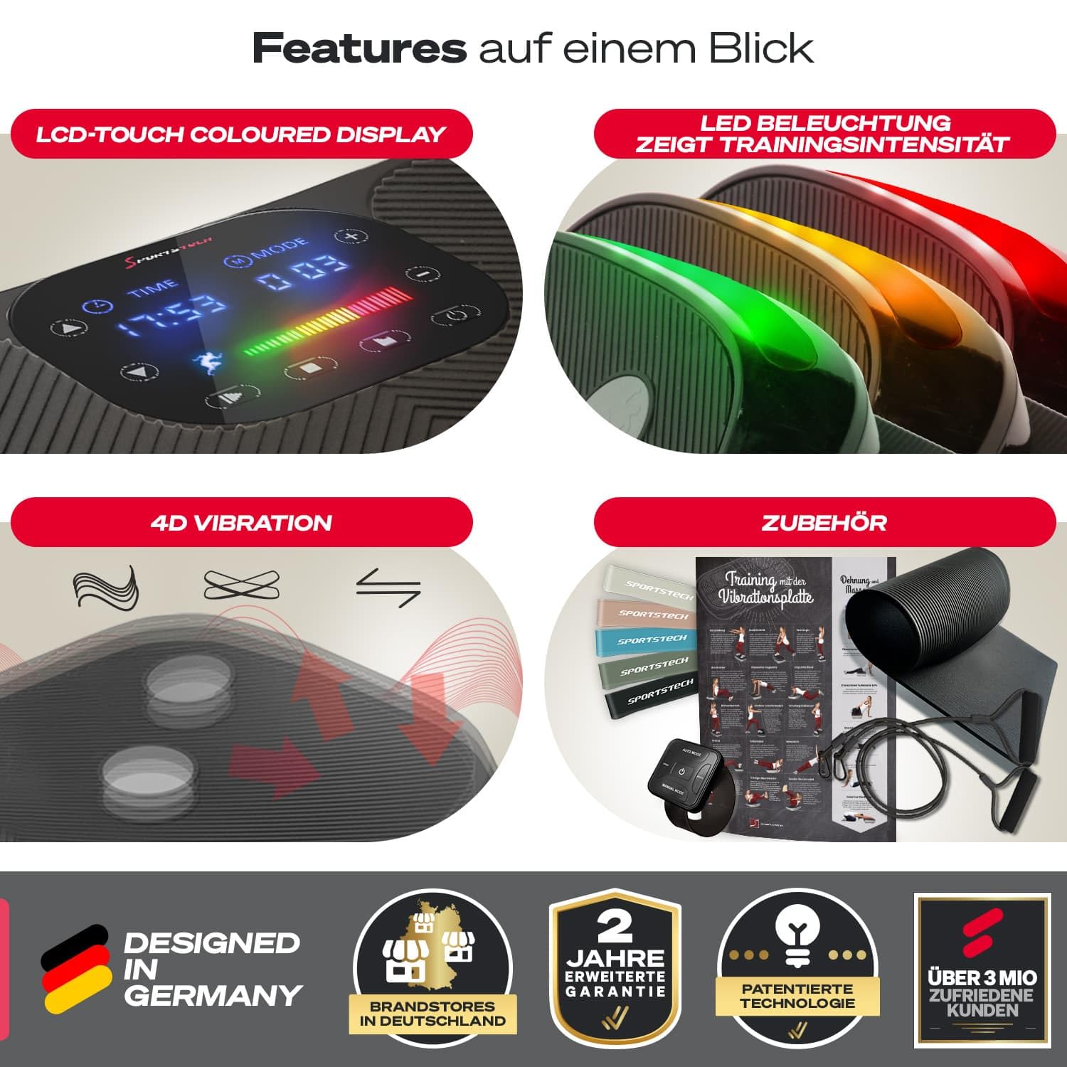 Sportstech 4D Vibrationsplatte für Zuhause, VP400 und sVibe, Smart LED, Trainingsbänder und Ropes, Abnehmen, Ganzkörpertraining, Muskelaufbau, 120 kg belastbar, Fitness Training