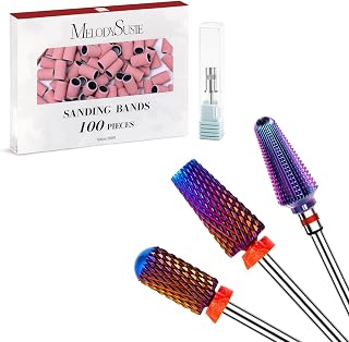 MelodySusie 100 Pcs Nail Drill Bits Sanding Bands with 3Pcs Nail Drill Bits Set, 5 in 1, Smooth Round Top Large Barrel and Tornado Bits