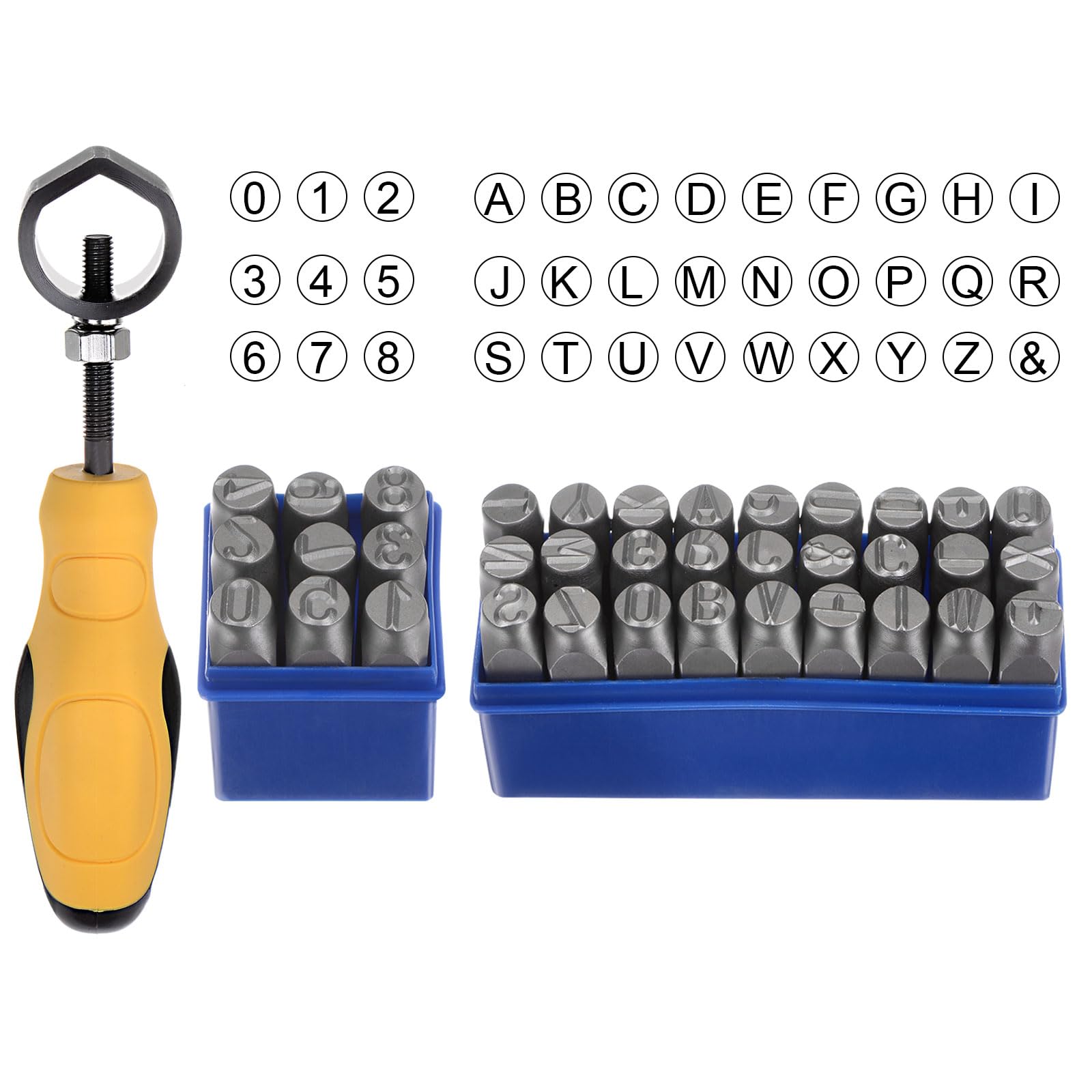 QUARKZMAN 36pz Metallo Stampaggio Kit 31/64" (12,5 mm) (AZ, 0-8,"&" Simbolo) Acciaio Lettera Pugno Premere Utensile con Supporto per Timbro su Metallo, Plastica, Legno, Pelle, Argento