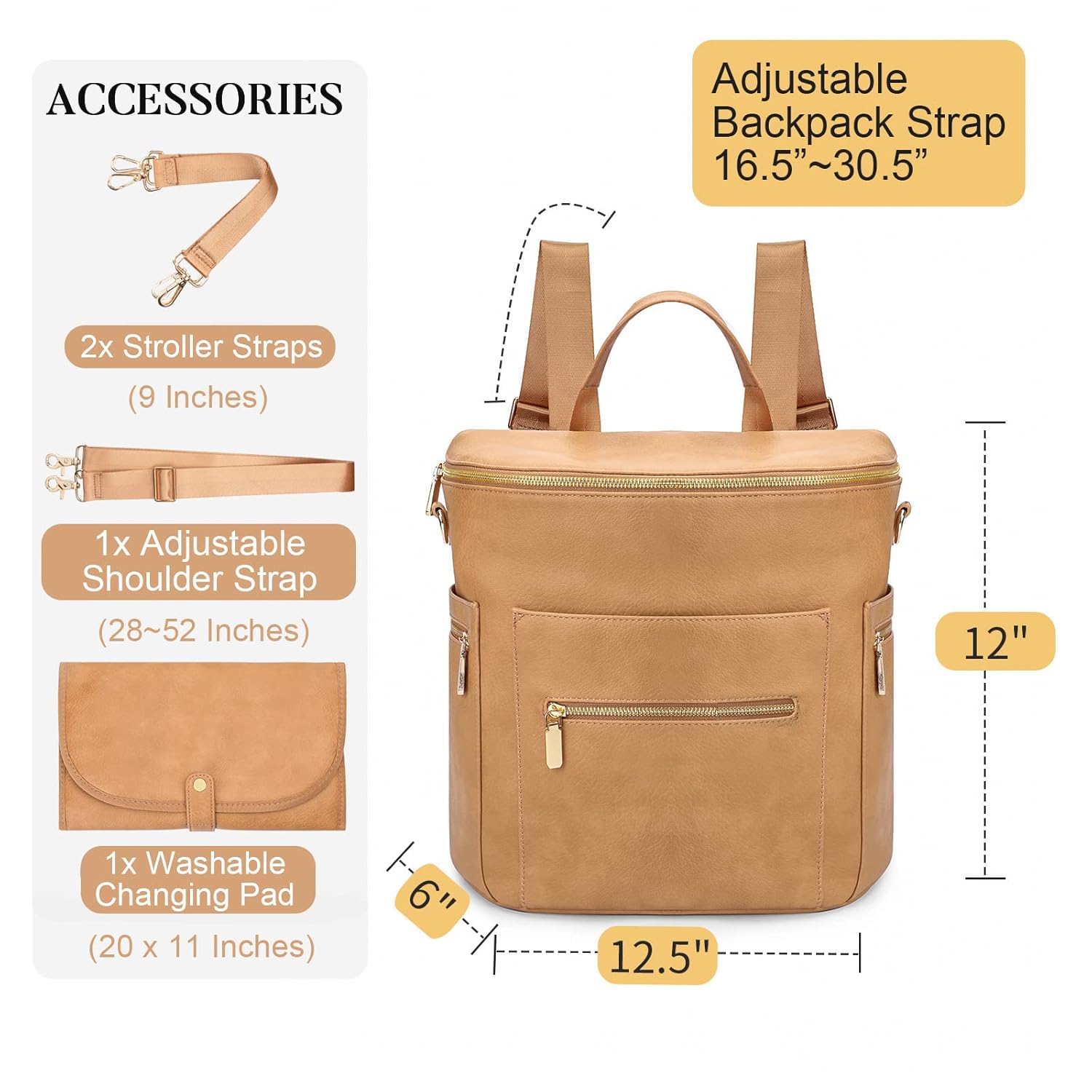 miss fong Diaper Bag Backpack Baby Diaper Bag, Large Leather Diaper Bag Backpack with 15 Pockets Diaper Bag Organizer, Changing Pad, Stroller Straps and 2 Insulated Pockets (Convertible, Peanut)