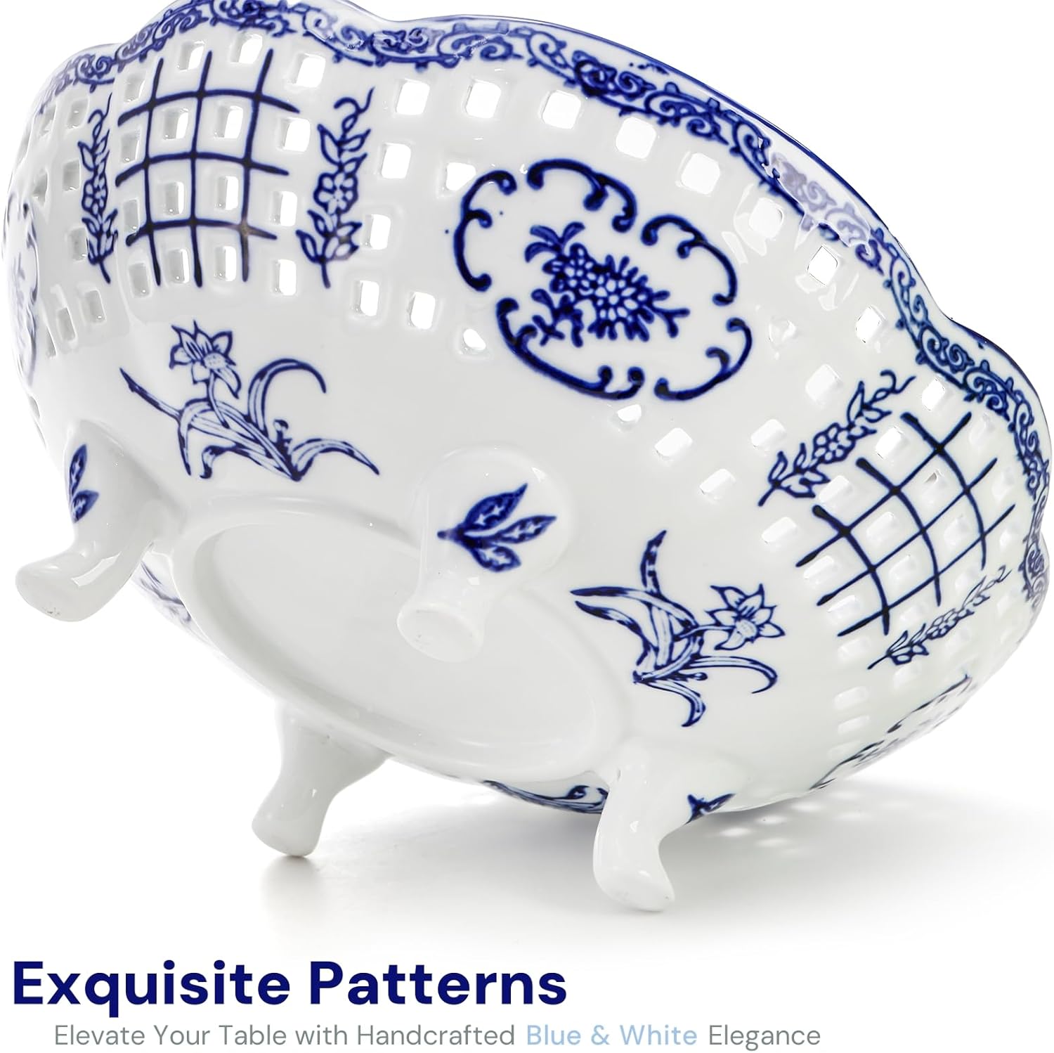 10 Inch Ceramic Fruit Bowl, Blue and White Porcelain Pedestal Fruit Basket, Chinoiserie Decorative Vegetable Holder with Drainage Hole for Kitchen Counter Veggies, Candy, Cookie, Cake