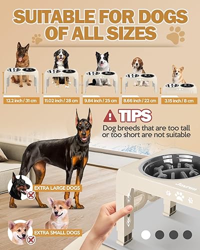 Miniatura 9 de Cuencos elevados para perros, comedero para perros con 2 cuencos de acero inoxidable y 1 tazón de alimentación lenta, 5 alturas ajustables, soporte