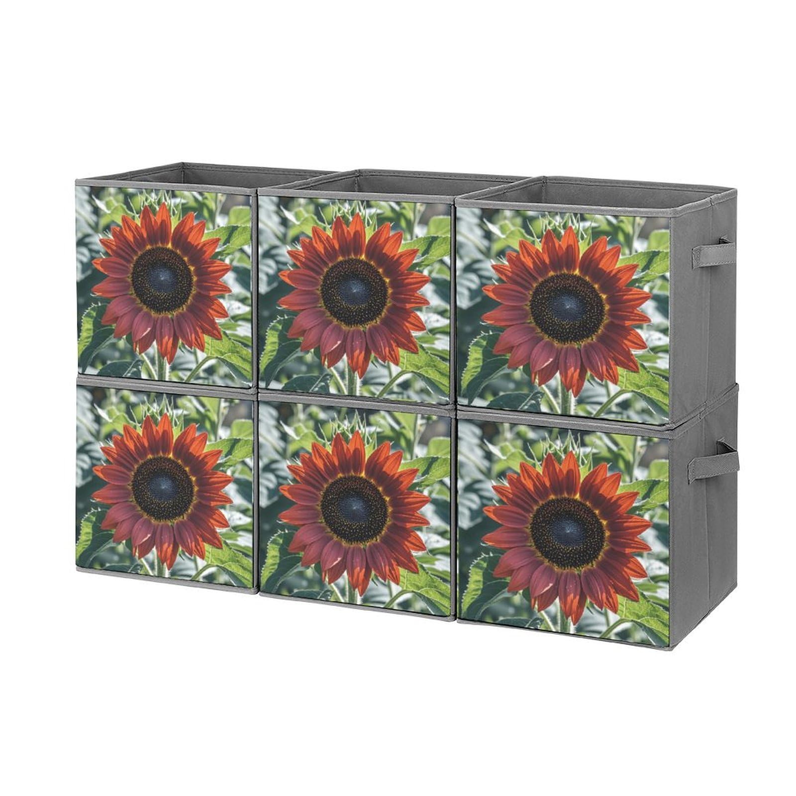 Boîte de rangement 6 pièces rouge à motif tournesol pour bureau et jouets