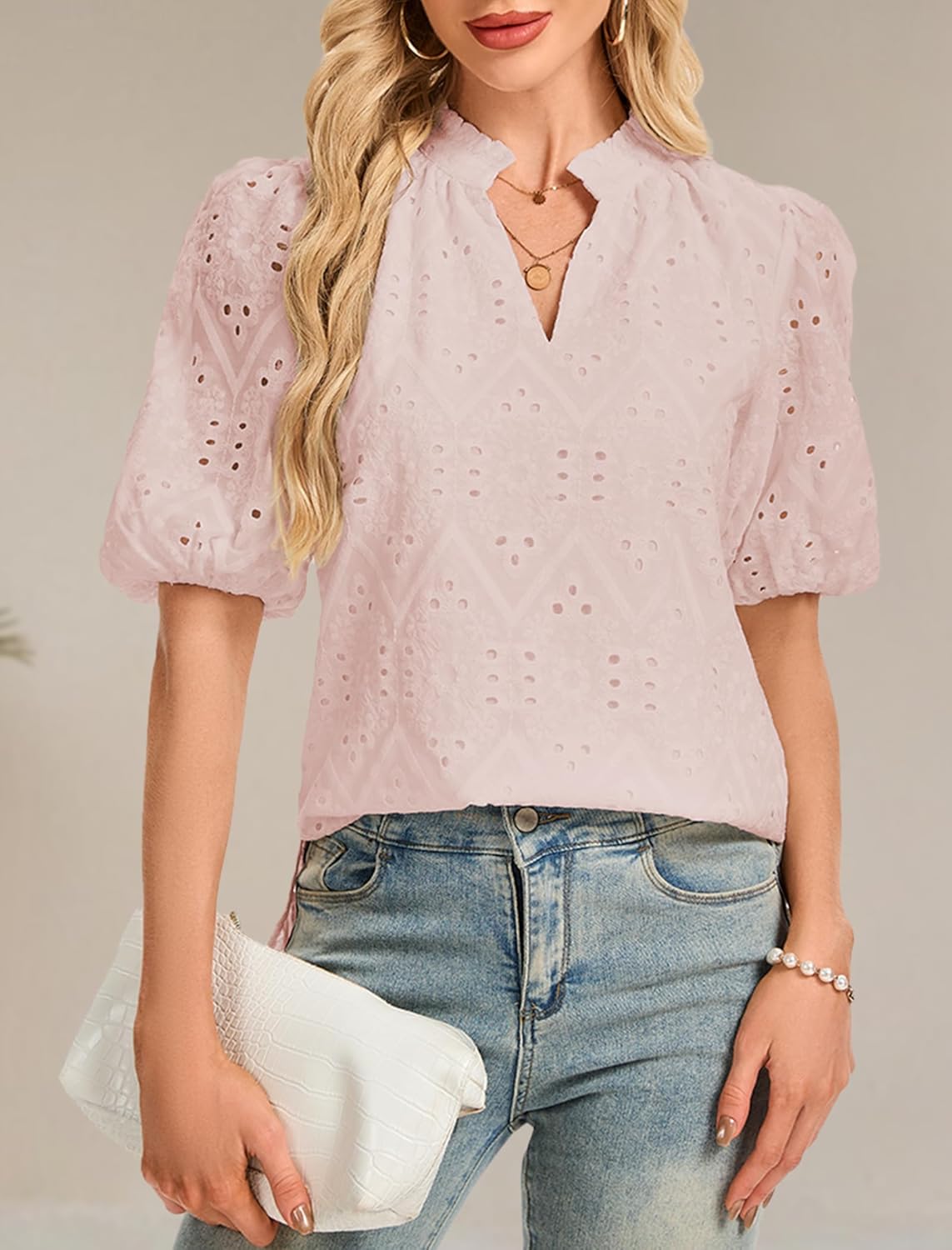 Women's V Neck Blouses Dressy Casual Puff Short Sleeve Shirts Hollow Summer Tops Business Women S-XXL - Image 5