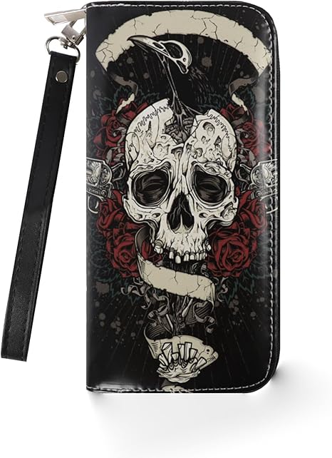 Skull Wallet Long Wallet Halloween Wallet, Black Wallet Zip Around Wallets for Women Men, Card Holder Wallet for Halloween