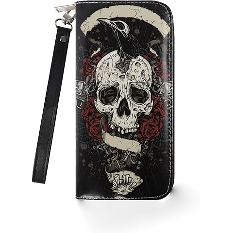 JV JO&VIN Skull Wallet Long Wallet Halloween Wallet, Black Wallet Zip Around Wallets for Women Men, Card Holder Wallet for Halloween