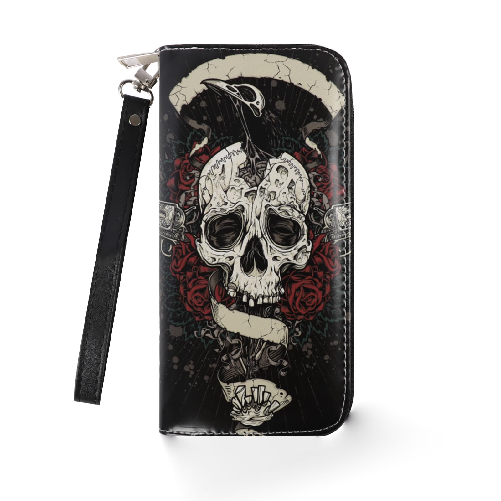 JV JO&VIN Skull Wallet Long Wallet Halloween Wallet, Black Wallet Zip Around Wallets for Women Men, Card Holder Wallet for Halloween