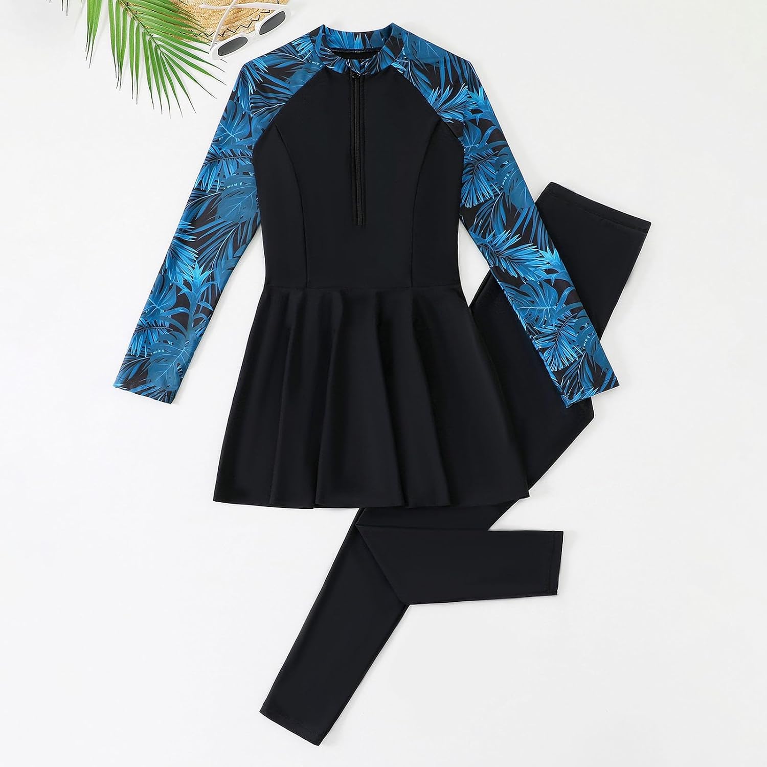 Muslim Swimsuits for Women 2 Piece Long Sleeve Conservative Burkini Bathing Suits Print Full Coverage Athletic Swimwear