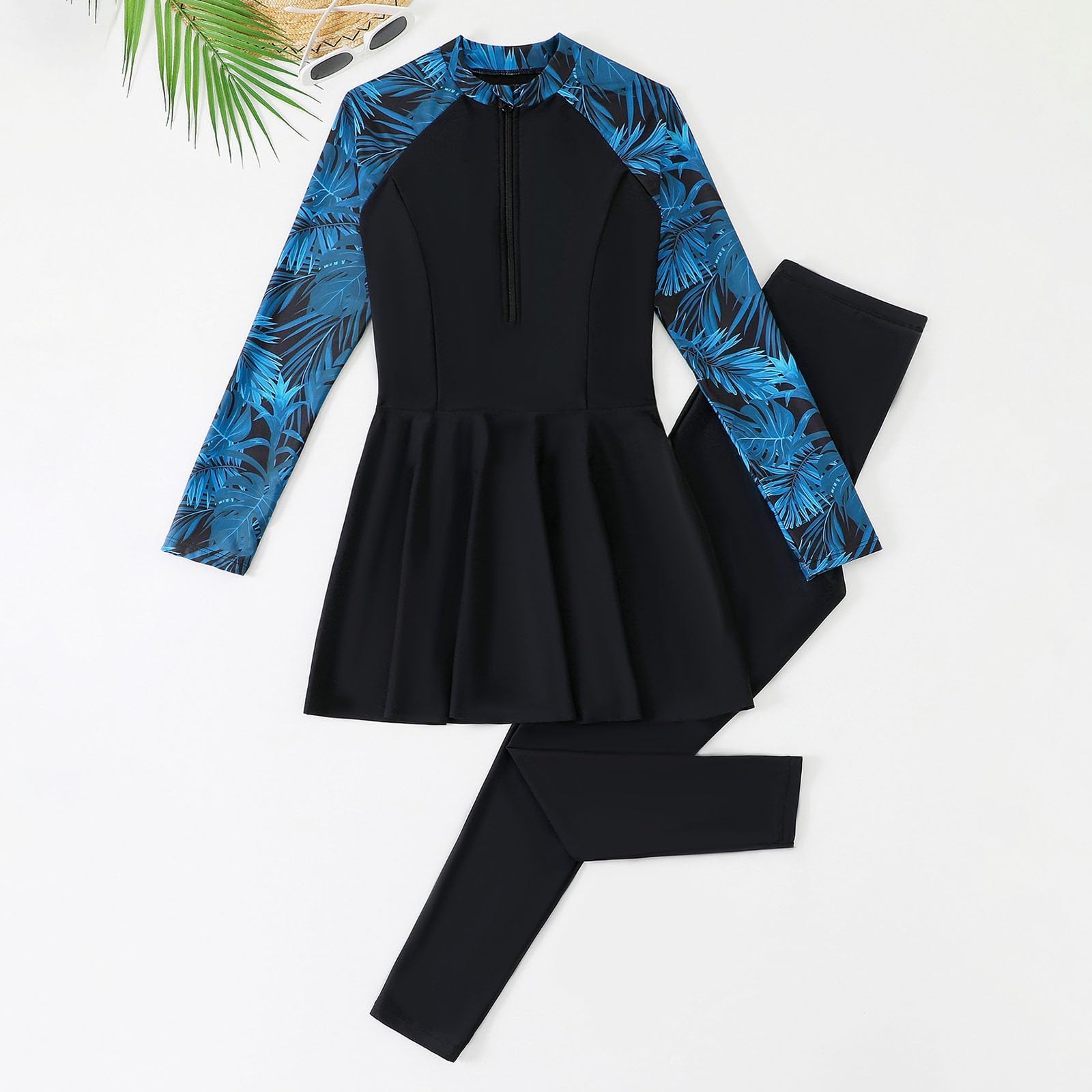 2-TLG Burkini Set Damen - Muslimische Bademode Langarm Schwimmoberteil - Modest Volle Abdeckung Schnelltrocknend Sport Schwimmanzug