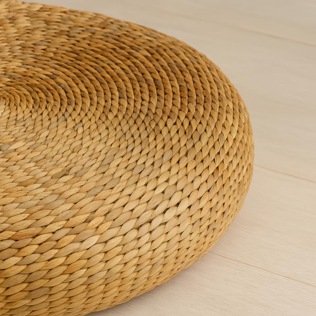 TIENDA EURASIA - Puff Redondo de Suelo | Material de Trenzado Natural | Diseño Nórdico | Medida Ø 55 cm x 15 cm | Ideal para Decoración de Interior y Exterior