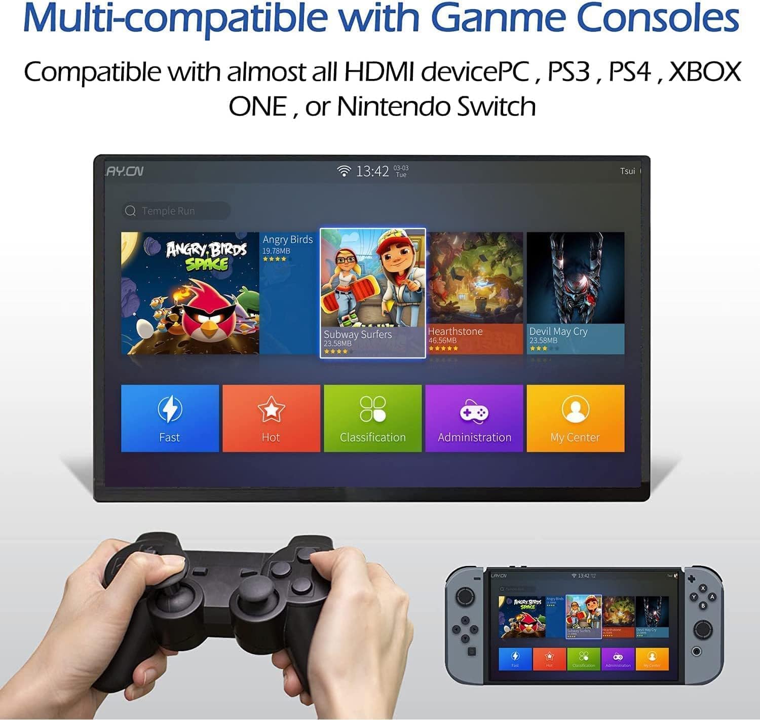 Diagram showing a Nintendo Switch connected to the portable monitor via HDMI, and a smartphone connected via USB-C, demonstrating multi-device compatibility.