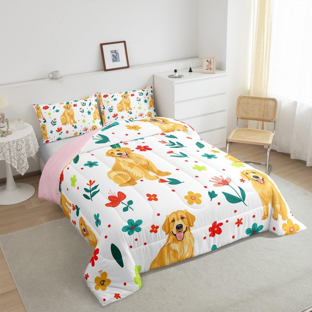 Erosebridal Kawaii Dog Comforter Set Twin Size for Girls Toddler Kids Colorful Flowers Botanical Leaf Bedding, Cute Golden Retriever Puppy Floral Print Comforter Cartoon Animal Quilt Duvet Set
