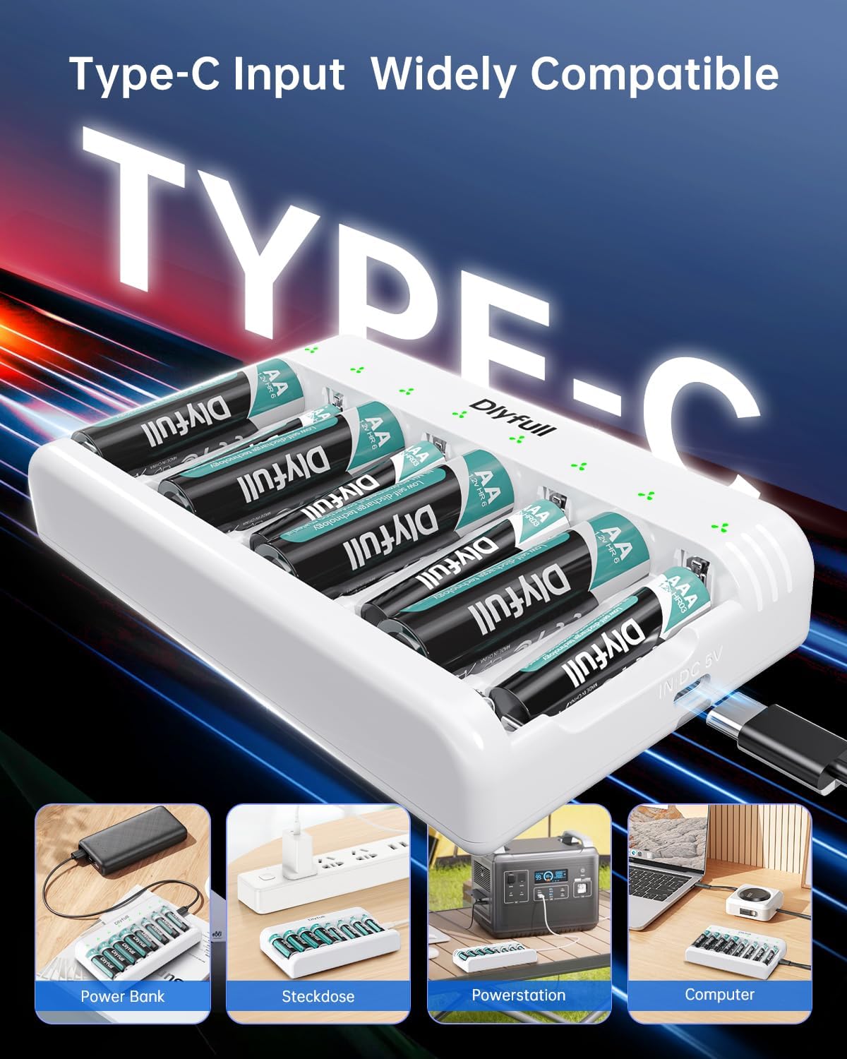 Dlypow 8 Bay Battery Charger AA AAA, USB-C Fast Charging with Smart Auto Shut-Off, Independent Slot for Ni-MH Ni-CD Rechargeable Batteries, Cable Included
