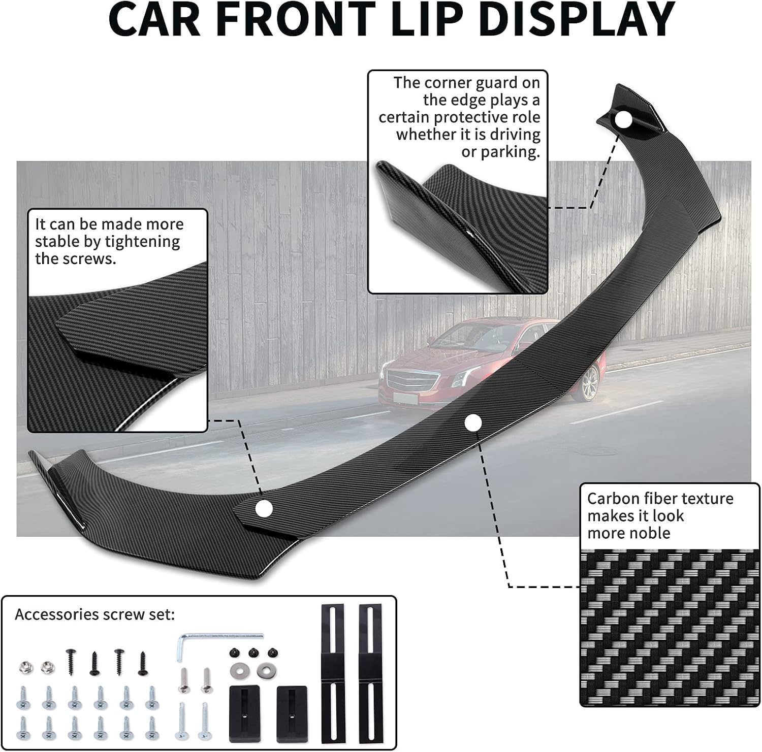Rich Choices Universal Front Bumper Lip, Carbon Fiber Car Front Lip Bumper Splitter Body Kit Compatible with Honda Civic Audi Mustang Chevy Silverado Dodge Challenger RT SRT SXT