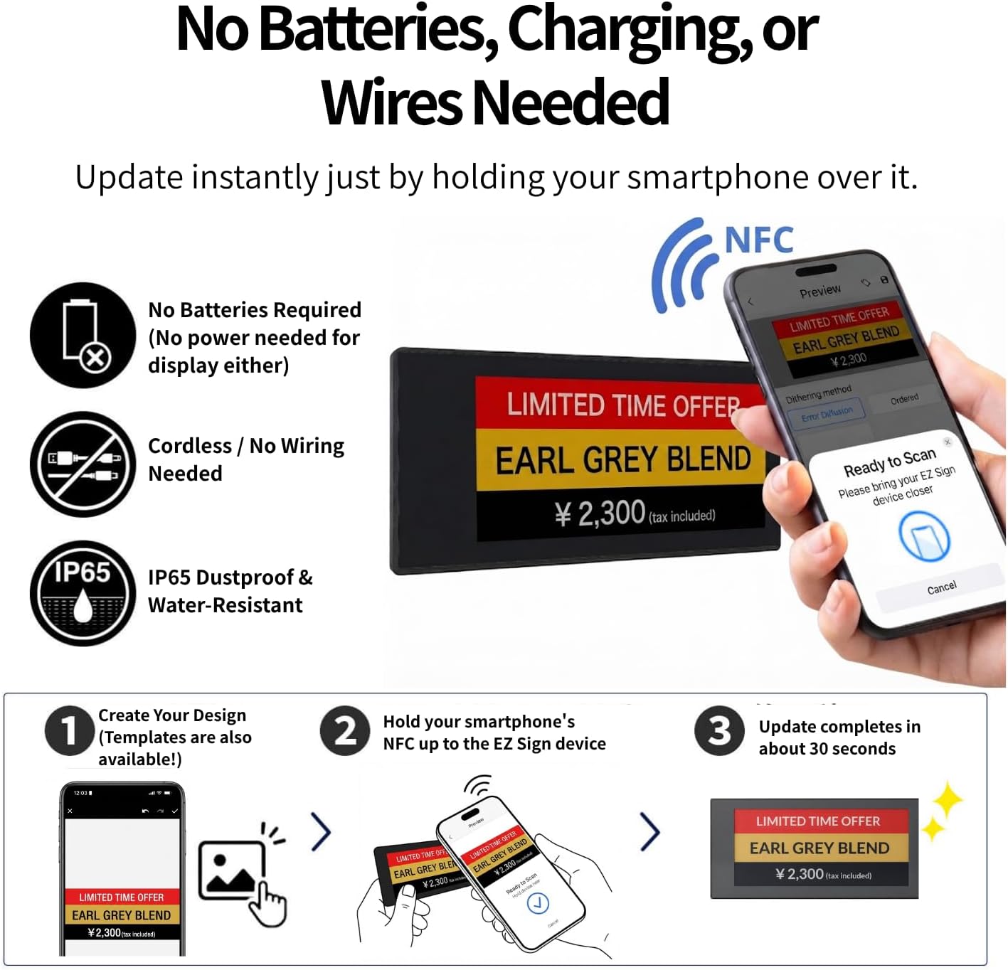 [Santek] EZ Sign NFC E-Paper Display – No Battery, Ultra-Thin 0.13”, Rewritable 4-Color Digital Display, App-Controlled (iOS/Android/PC), IP65 (Black, 2.9" 6pcs, No Stand and Clip Included)