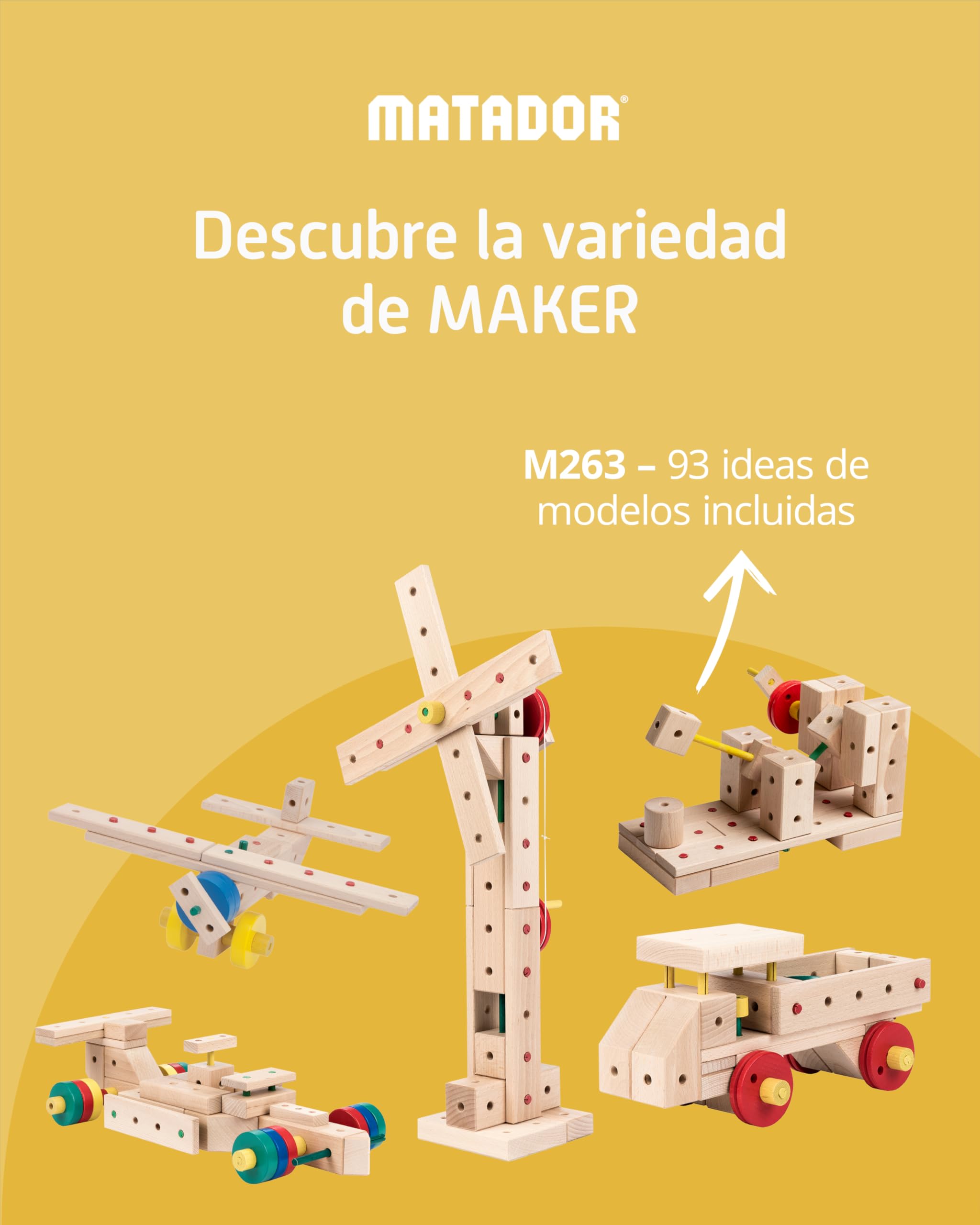 Matador Set de Construcción para Niños Desde 3 Años – 263 Piezas | Juego de construcción en Madera Atractivo para fomentar Creatividad y motricidad Fina, con Varillas, Bloques, Martillo y Pinza