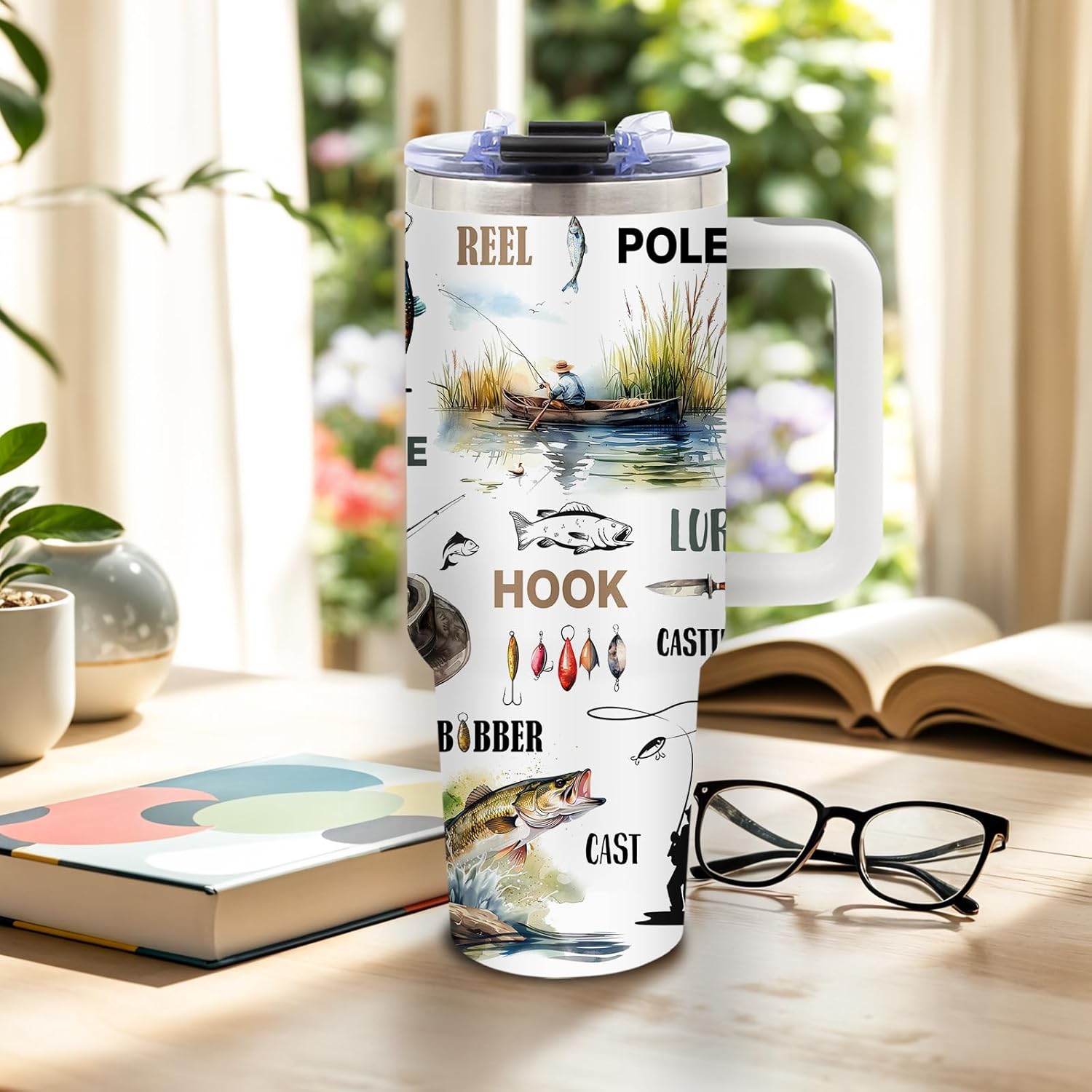 DUUV Fishing Gifts for Men, Fish Tumbler for Fisherman, Birthday Gifts for Men Dad Boys Who Love Fishing, Fisherman Gift for Christmas Thanksgiving, 40 Oz Tumbler with Handle, 1PCS - Image 2