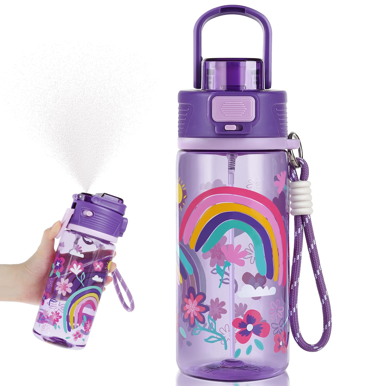 omedecal Spary Water Bottle for Kids, 600ml Sports Misting Water Bottle for School Outdoors, Portable Leakproof Drinking Bottle with Handle for Children, Rainbow