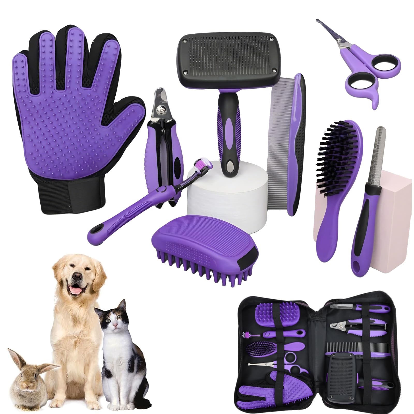 9-piece brush set for dogs and cats, with slicker brush, cat comb, undercoat brush, dog, fur brush, cat, dog grooming kit, gentle grooming for short hair and long hair cats