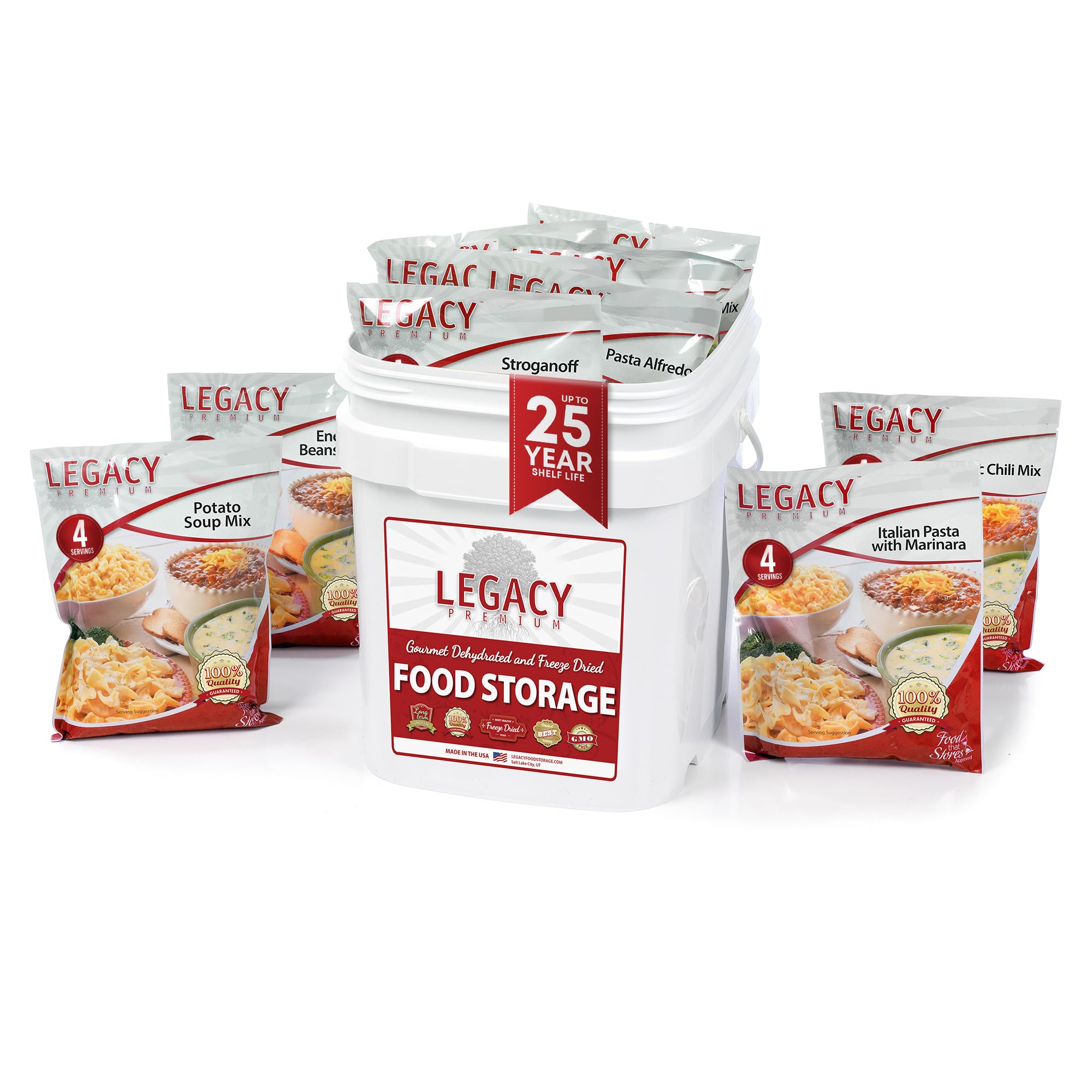 Legacy Food Storage 60 Serving Emergency Food Supply Bucket, 12 Entrees, 23,400 Total Calories, Shelf Stable Lunch & Dinner, Freeze Dried Survival Meals for MRE Camping, Hiking, Prepping
