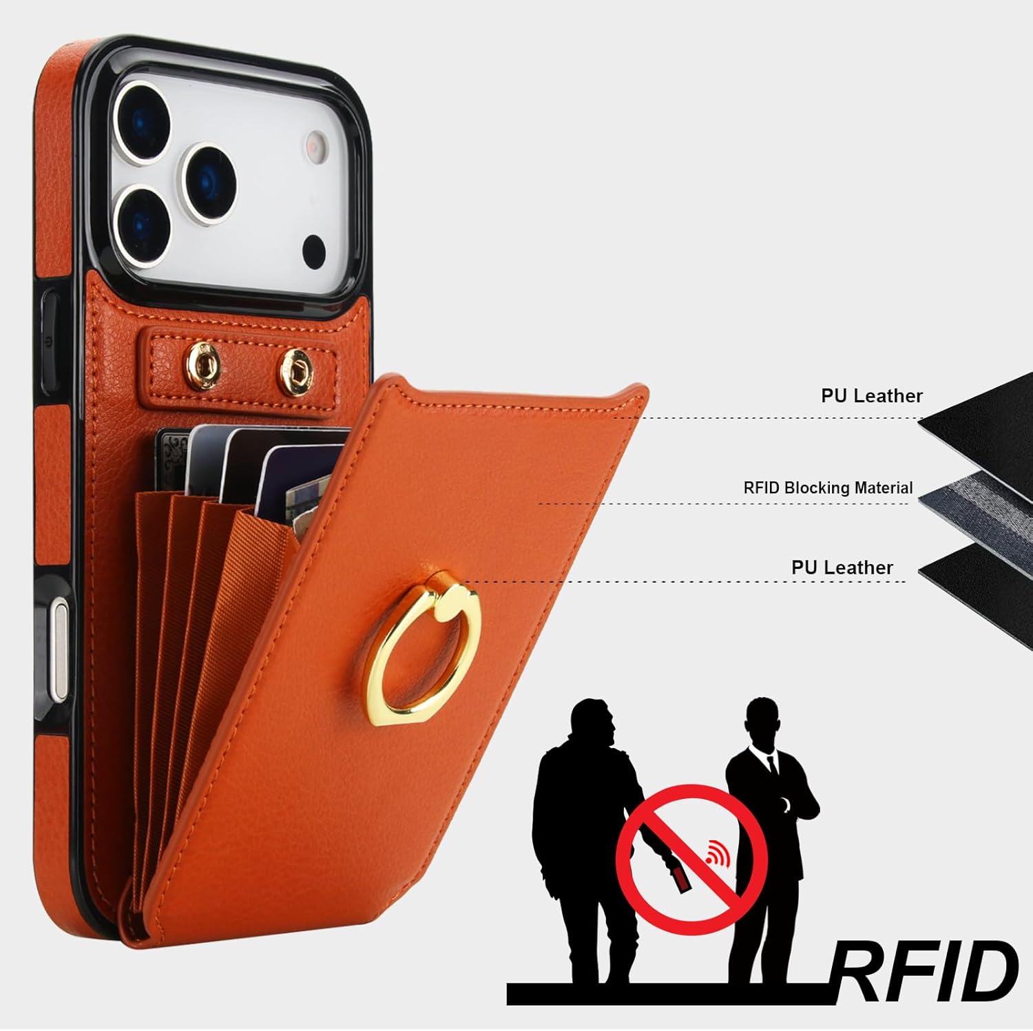Folosu Compatible with iPhone 17 Pro Max Case Wallet with Card Holder, 360°Rotation Finger Ring Holder Kickstand, RFID Blocking Leather Protective Double Buttons Shockproof Cover 6.9 Inch Brown
