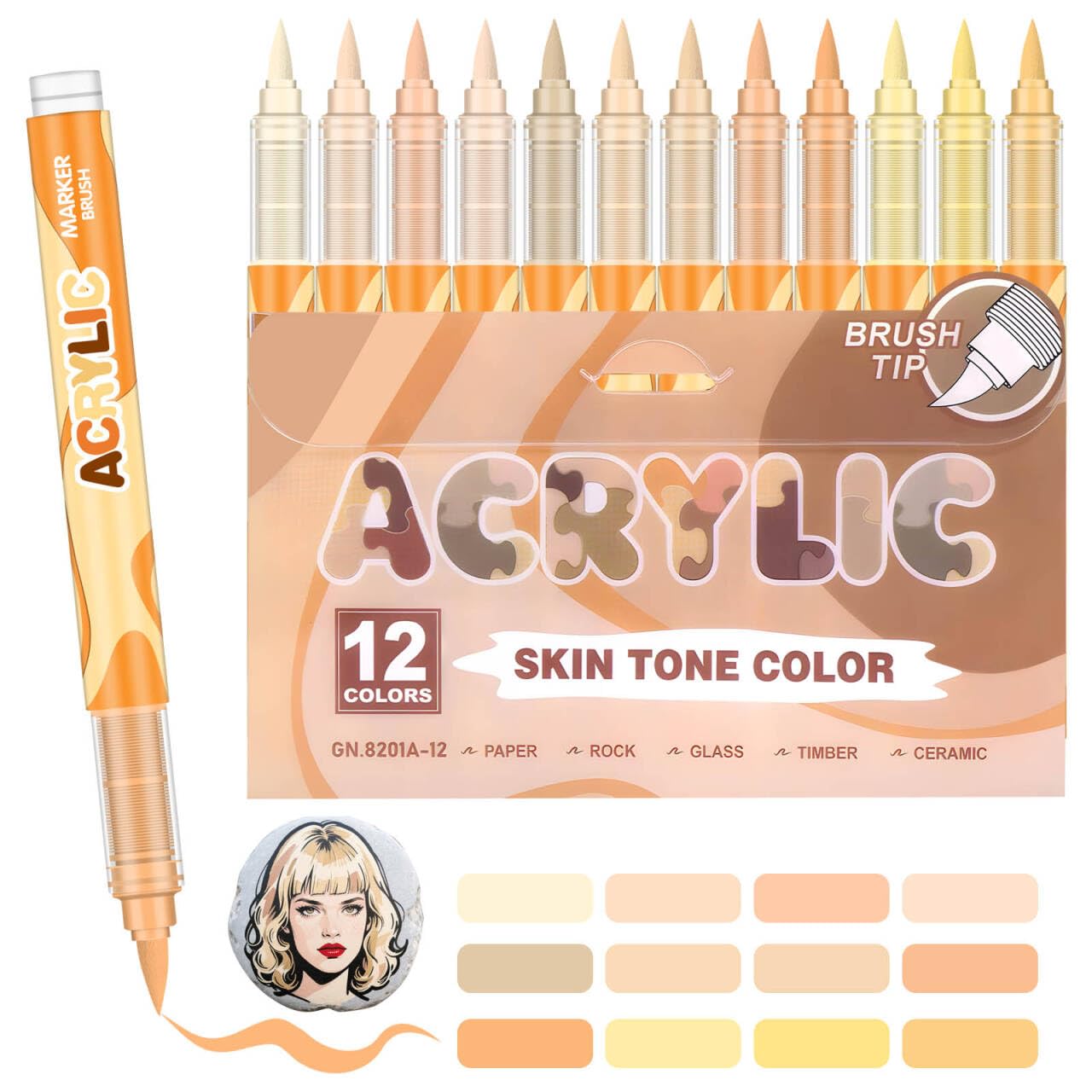 Laconile Acrylic Paint Markers Set, 12 Skin Tone Colours, Brush Tip (SKIN-TONE-YELLOW)