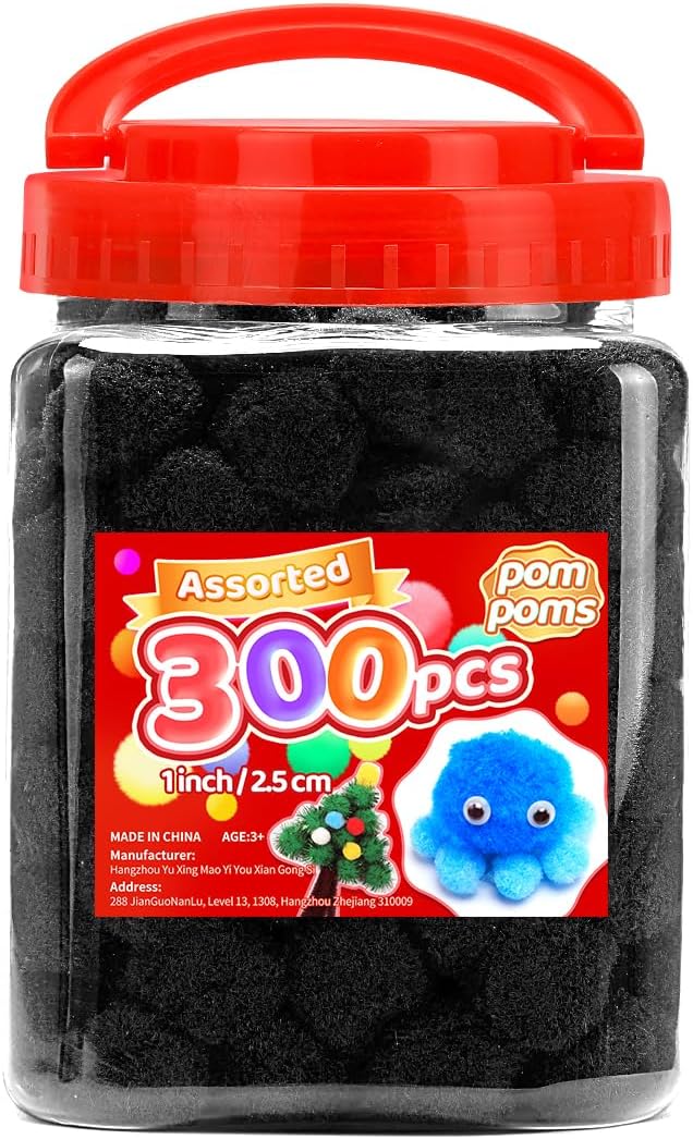 Iooleem Black Pom Poms, 300pcs 1inch, Pom Poms for Arts and Crafts, Pom