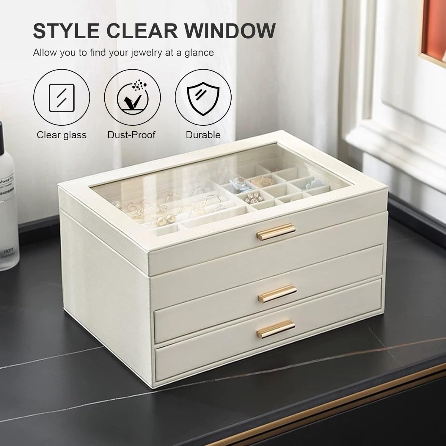 Jewelry Organizer Box, 3 Layers Jewelry Box with Glass Lid, Earrings Rings Necklace Storage Organizer with 2 Drawers Multi-Functional Jewelry Storage Box for Women(White)