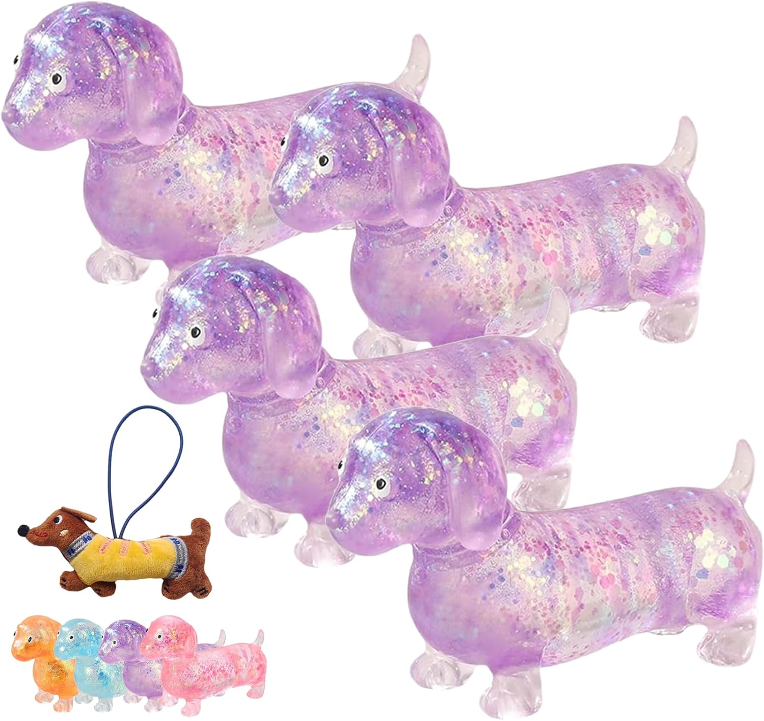 4PCS Dachshund Squishy Stress Toy, 2026 Upgraded Sparkly Sausage Dog Gel Stretch Ball, 4.3in Glitter Weiner Dog Squishy Dachshund, Ultra-Soft Touch Mini Rainbow Weiner Dog (2Purples)