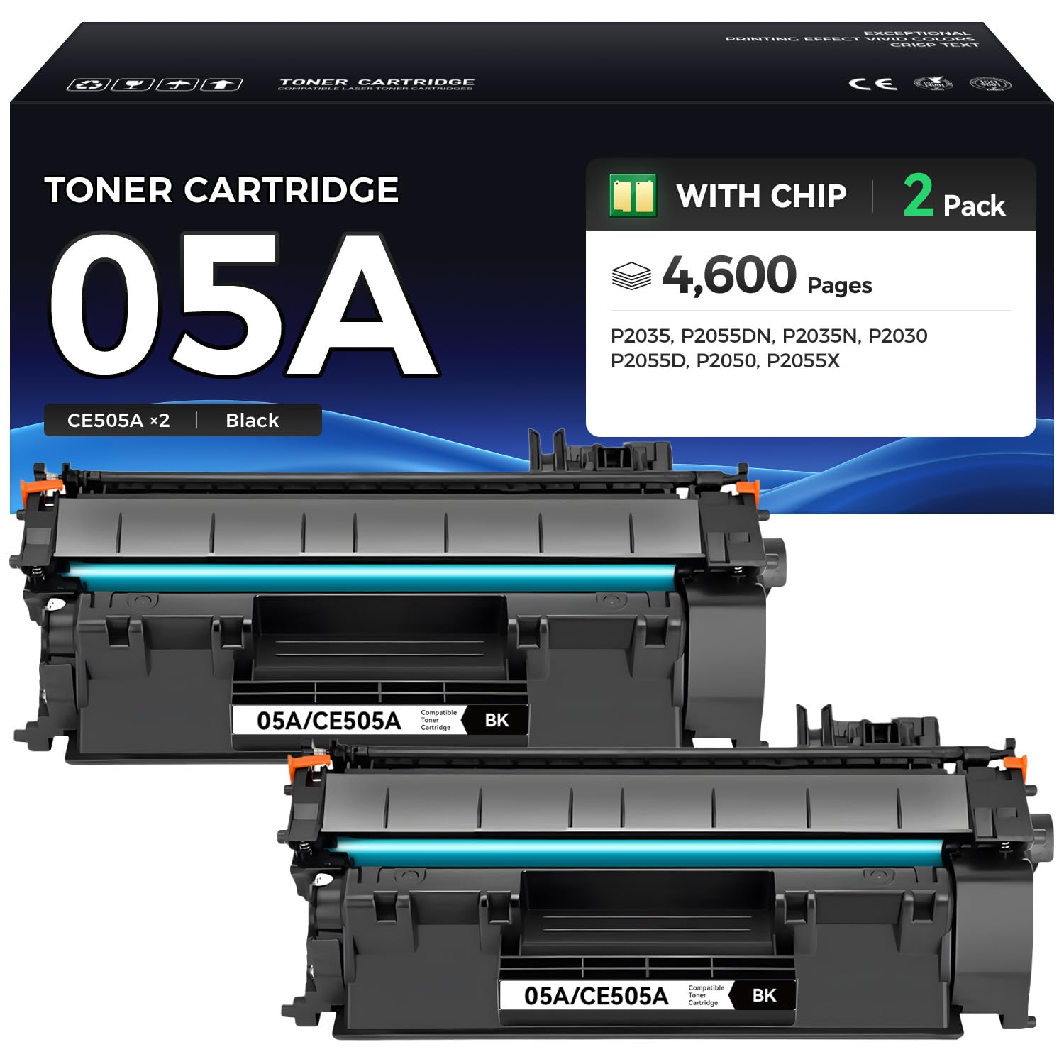 05A Toner Cartridge Black 2-Pack with Chip High Yield Replacement for HP 05A CE505A 05X CE505X Toner Compatible with HP LaserJet P2035 P2035n P2055 P2055d P2055dn P2055x Printer Series Ink All-in-One