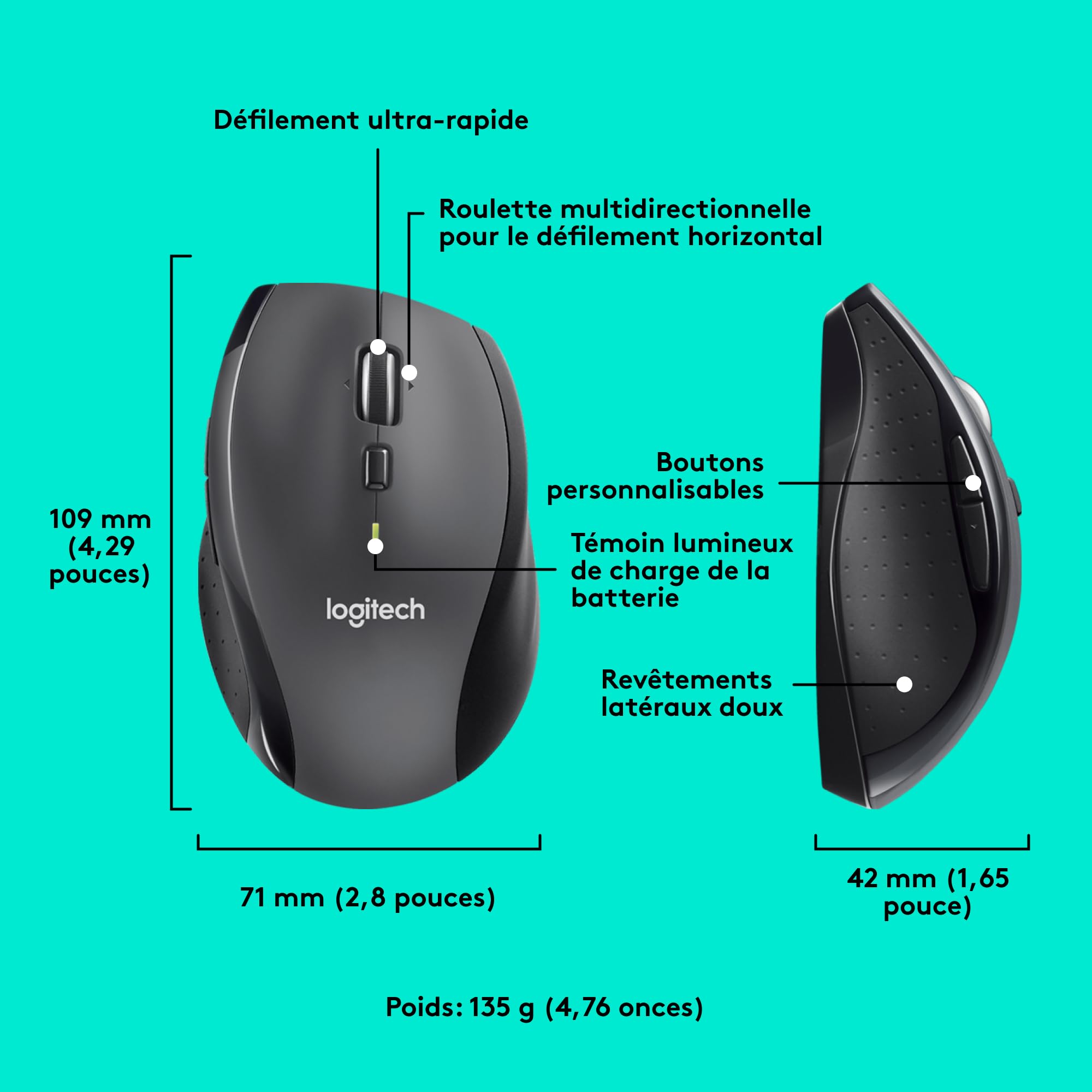 Logitech M705 Marathon sans Fil Souris, Récepteur USB Unifying 2,4 GHz, 1000 PPP, 5 Boutons Programmables, Pile Durée 3 Ans, Compatible PC, Mac, Ordinateur Portable, Chromebook - Graphite