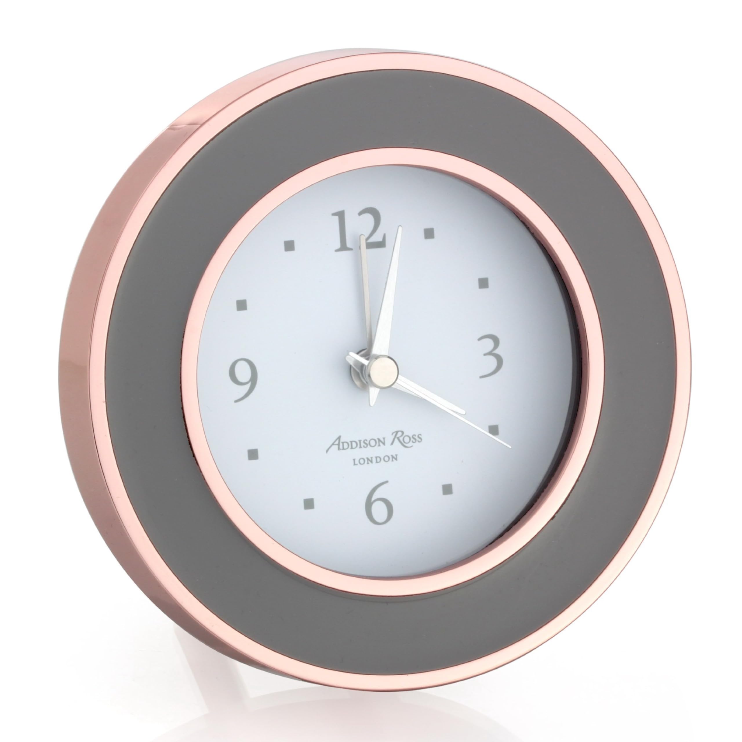 Addison Ross Grey Battery Alarm Clock – Silent Sweep – Compact & Stylish – Alarm Clock Bedside – Velvet-Backed Design/Home & Office Decor – Rose Gold & Taupe Enamel