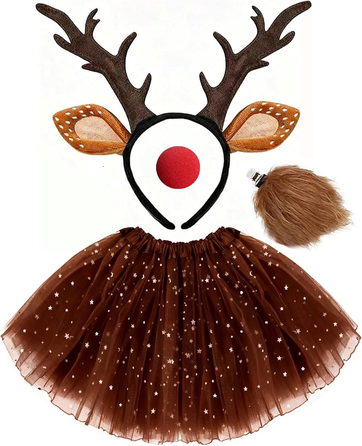 Festive Reindeer Costume Set with Tulle Tutu Skirt, Antler Headband, Red Nose and Tail, Halloween Christmas Holiday Dress Up Accessories