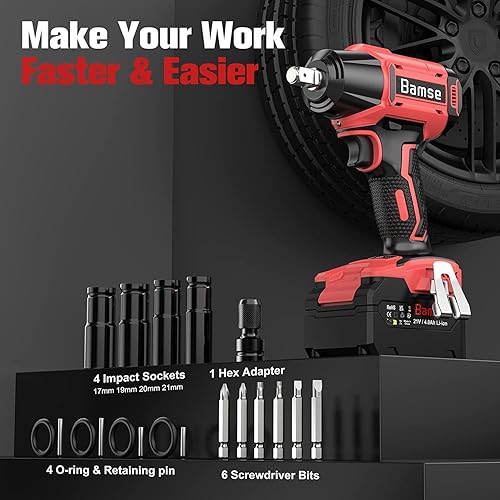 Miniatura 7 de Bamse - Llave de impacto inalámbrica de 12 pulgada, pistola de impacto eléctrica sin escobillas con 2 baterías, 3200 RPM y par máximo de 480