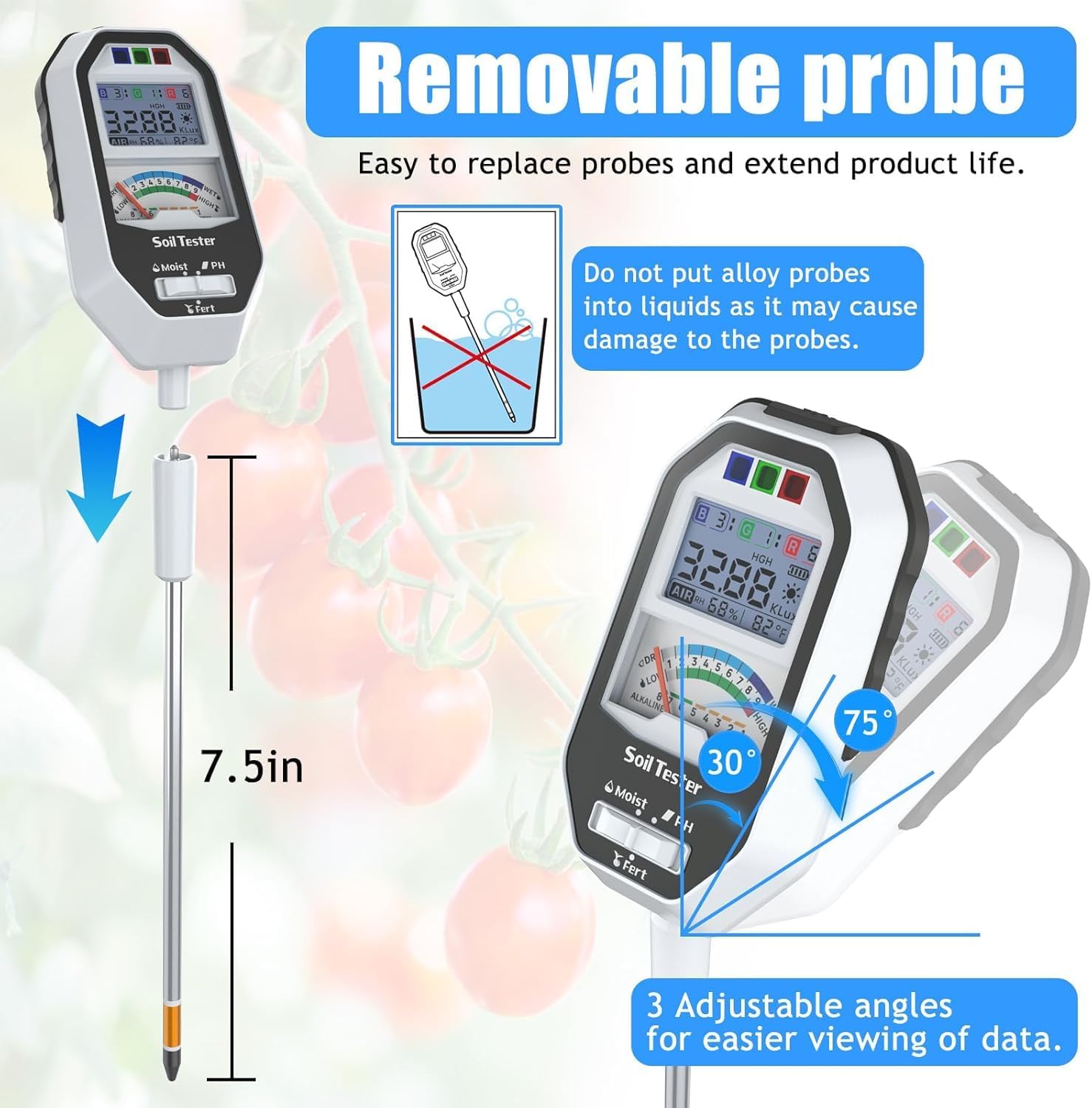 Soil Moisture Meter, 7-in-1 Soil PH Tester/Soil Moisture/Fertility with Removable Probe, Digital Air Temp/Humidity/Sunlight Intensity/BGR Spectral for Plants Gardening, Lawn and Indoor Outdoor Plants