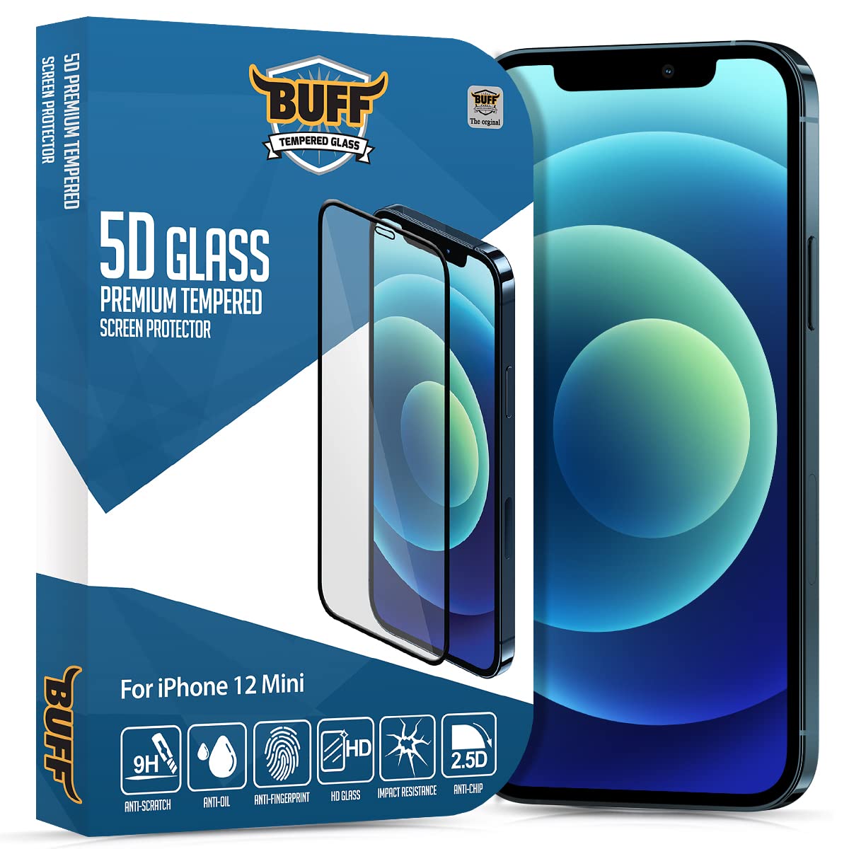 BUFF LABS iPhone 12 Mini 5D Glass Tam Kaplayan Cam Ekran Koruyucu