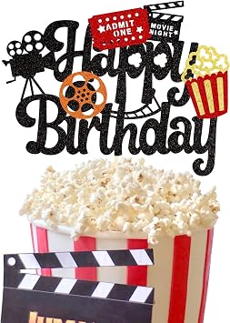 Confetti! Movie Night Cake Topper Happy Birthday Sign Cake Pick Decorations for Theater Video Recorder Roll Camera Popcorn Hollywood/Bollywood Theme Birthday Party Supplies