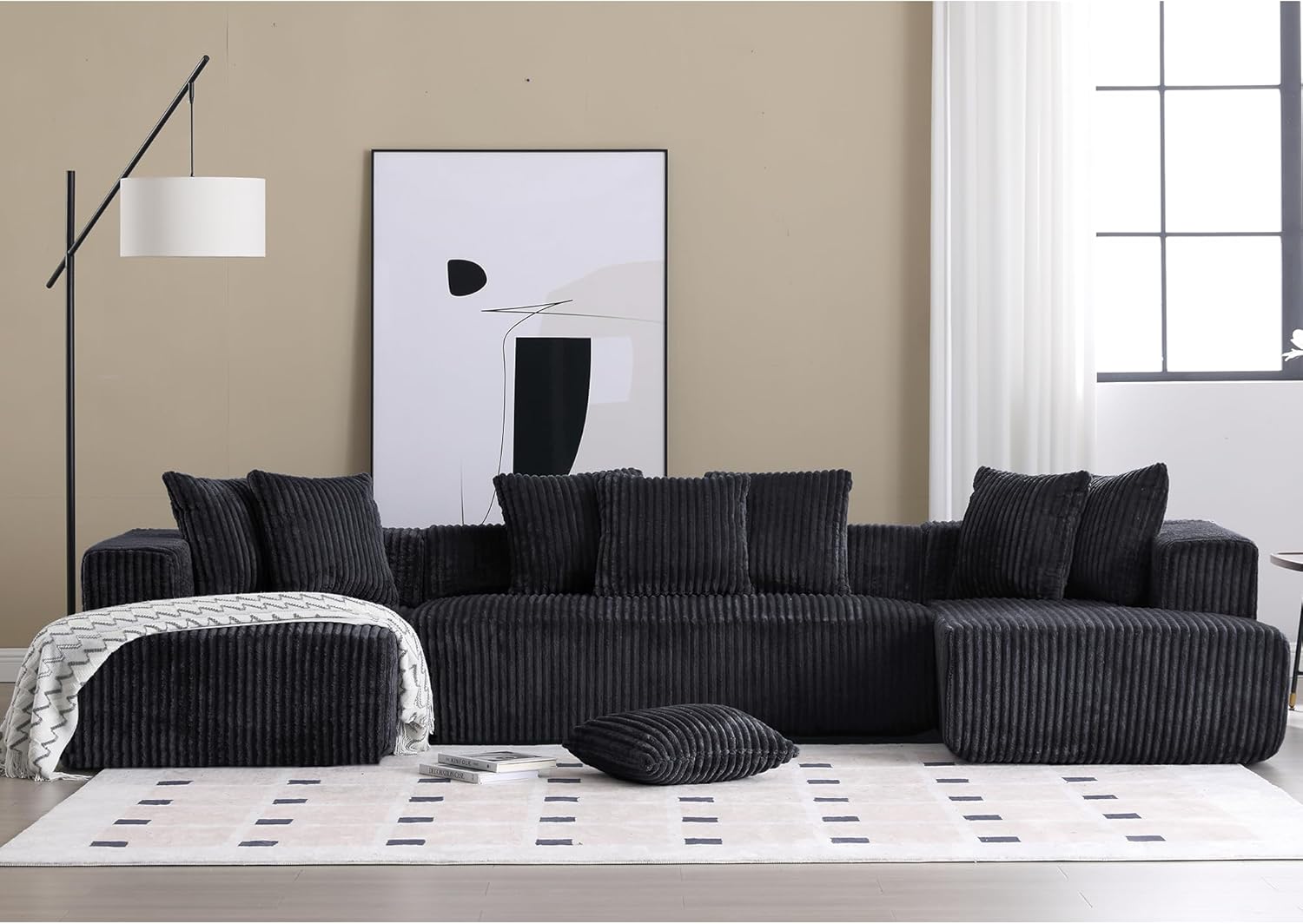 Spacious and Stylish U-Shaped Modular Sectional Sofa, 4 Seater, Chaise Lounge, Striped Fabric, Black