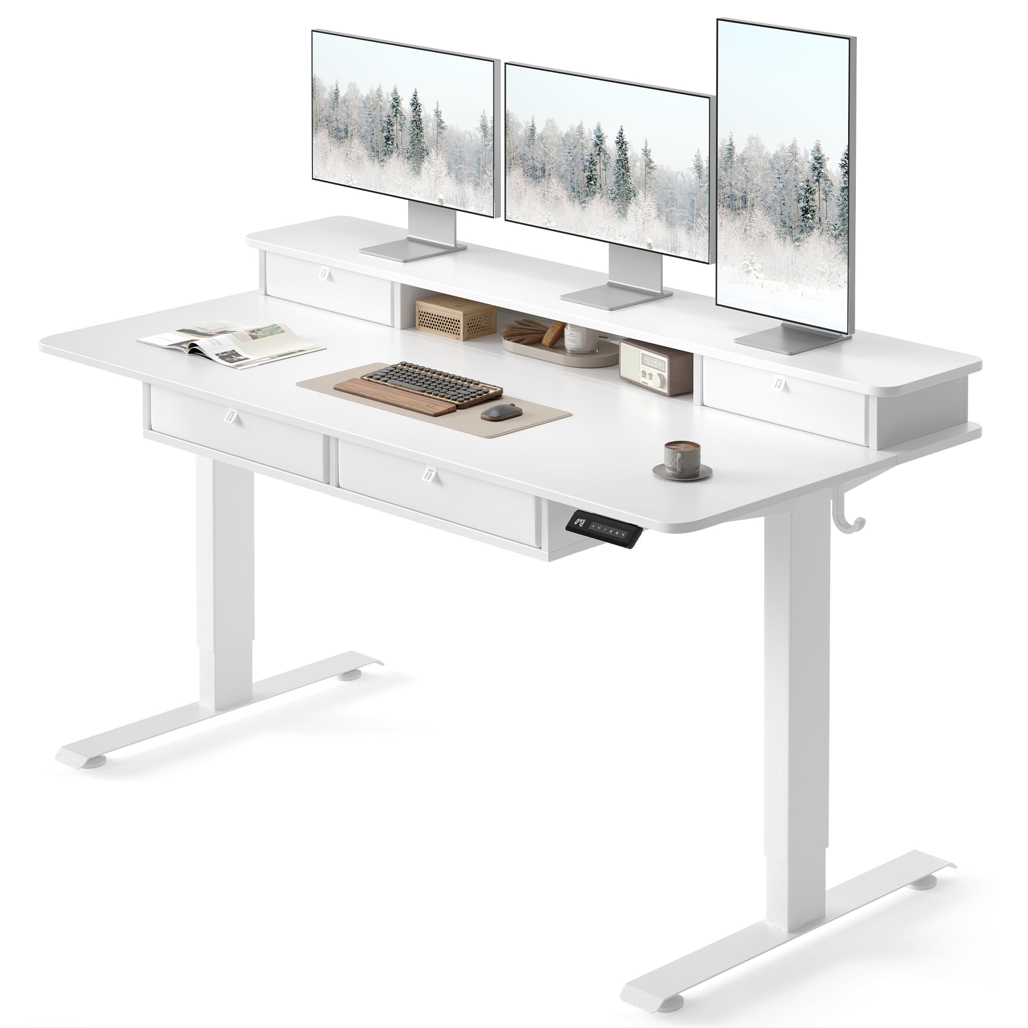 FEZIBO Sturdy Height Adjustable Electric Standing Desk with Drawers, 63 x 24 Inch Stand Up Table with Large Storage Shelf, Sit Stand Desk, White Top