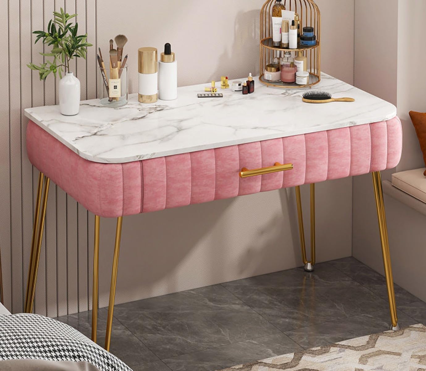 卓上ドレッサー 省スペース 大容量収納 引き出し付き 小型メイクアップ化粧台 モダンコンパクトデスク おしゃれ姫系鏡台 60cm ピ