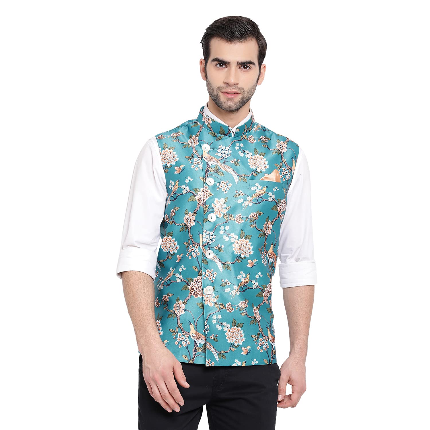vastramay Mens Silk Blend Nehru Jacket - Timeless Style & Versatility | Digital Floral Printed Ethnic Sleeveless Coat for Formal & Casual Wear-picture-40