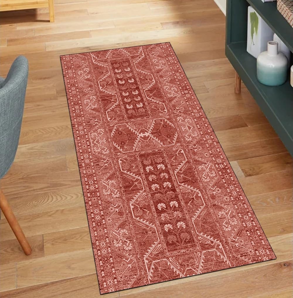 Alfombra bohemia para pasillo larga, color rojo de 60 x 350 cm, lavable y antideslizante