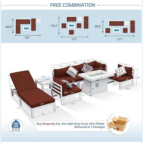 Miniatura 612 de NICESOUL 7 Piece White Powder-Coated Aluminum Patio Furniture with Fire Pit Table, 29 Inch Extra Wide Outdoor Sectional Sofa for 6, High-End Heavy