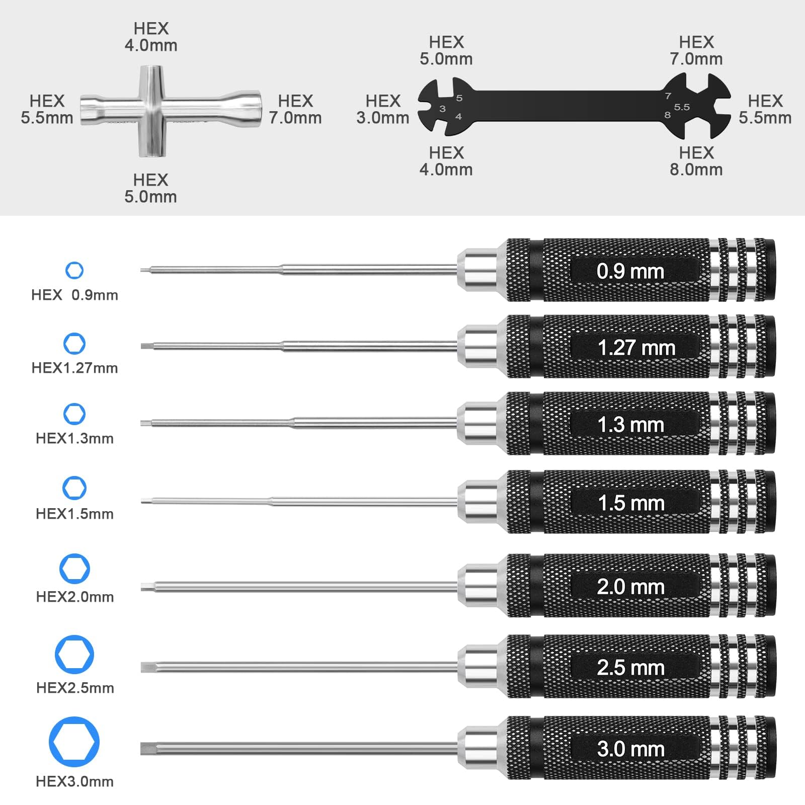 Ensemble d'outils de tournevis hexagonaux RC : 0,9 mm, 1,27 mm, 1,3 mm, 1,5 mm, 2,0 mm, 2,5 mm, 3,0 mm, kit de tournevis hexagonaux avec tournevis à écrou hexagonal et clé de voiture télécommandée