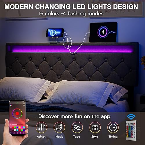 Miniatura 4 de IKIFLY Cabecera tapizada tamaño Queen con luces LED y 2 puertos USB, altura ajustable, cabecera acolchada de tela de lino con botones, fácil