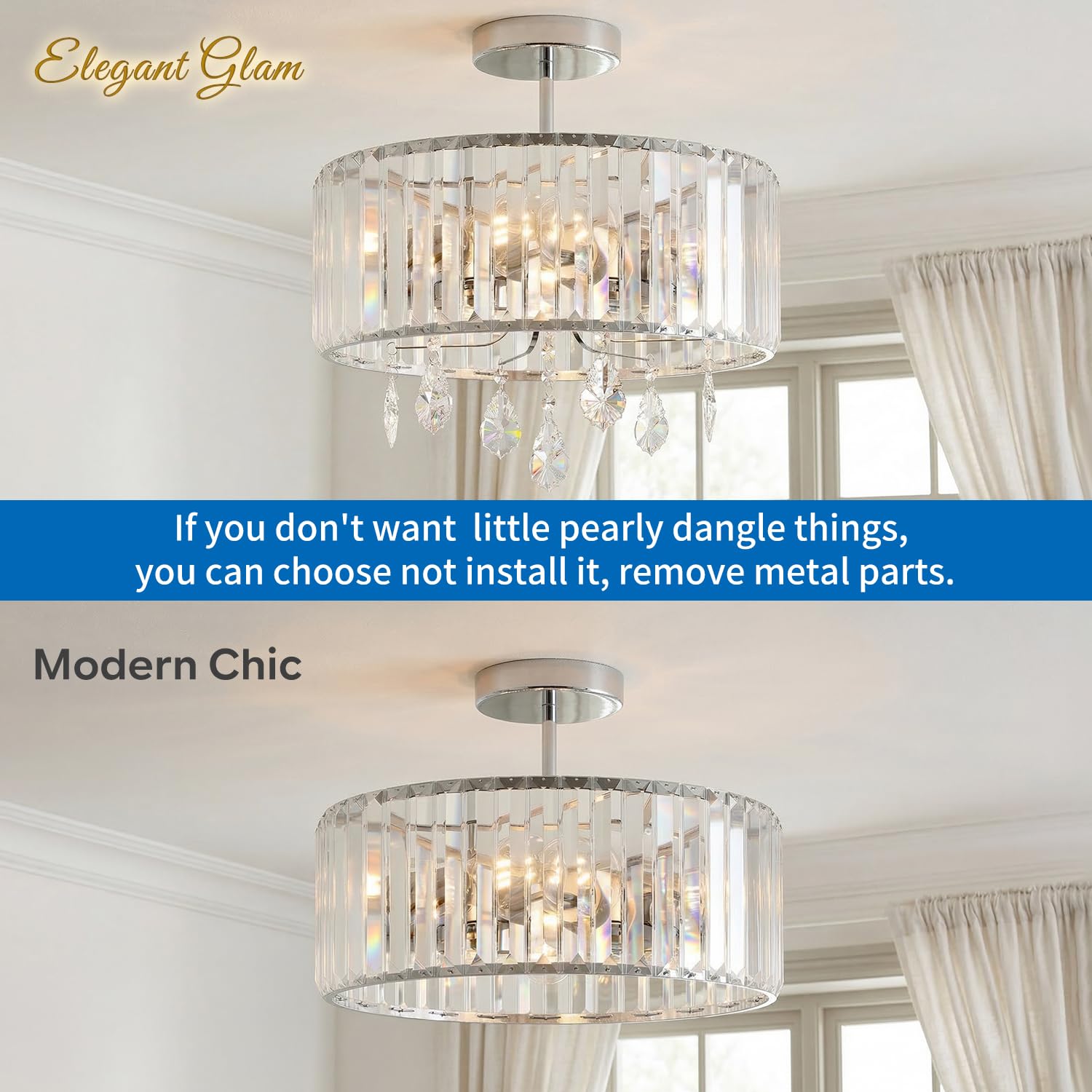ANWIO Lampadari Cristallo Argento, Plafoniere Soggiorno Argento con 3 Luci, Lampadario a Sospensione Moderno E27, Plafoniere Vetro Per Camera da Letto, Ristorante, 36.5 CM (Senza Lampadine) Kitchen