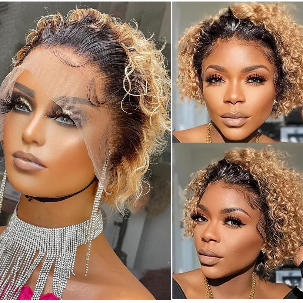 Amazon.com : 1B/27 Curly Honey Blonde Pixie Cut Wig Human  display picture 3