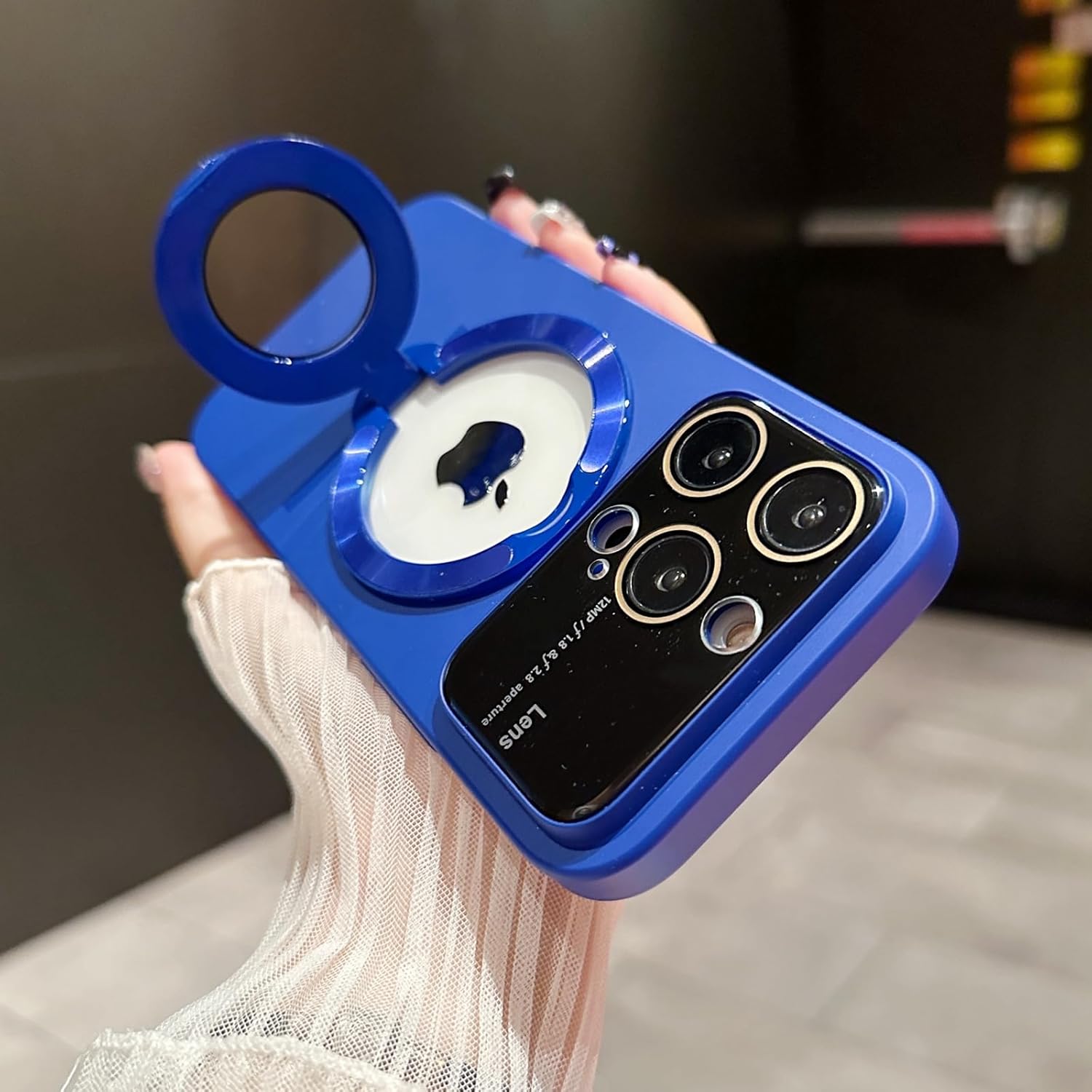 Invisible Stand Holder Case for iPhone 14/13 /12/ Pro Max with Bracket,Compatible with Magsafe, Window Glass Lens Camera Protector Magnetic Cover (Dark Blue,for iPhone 14)