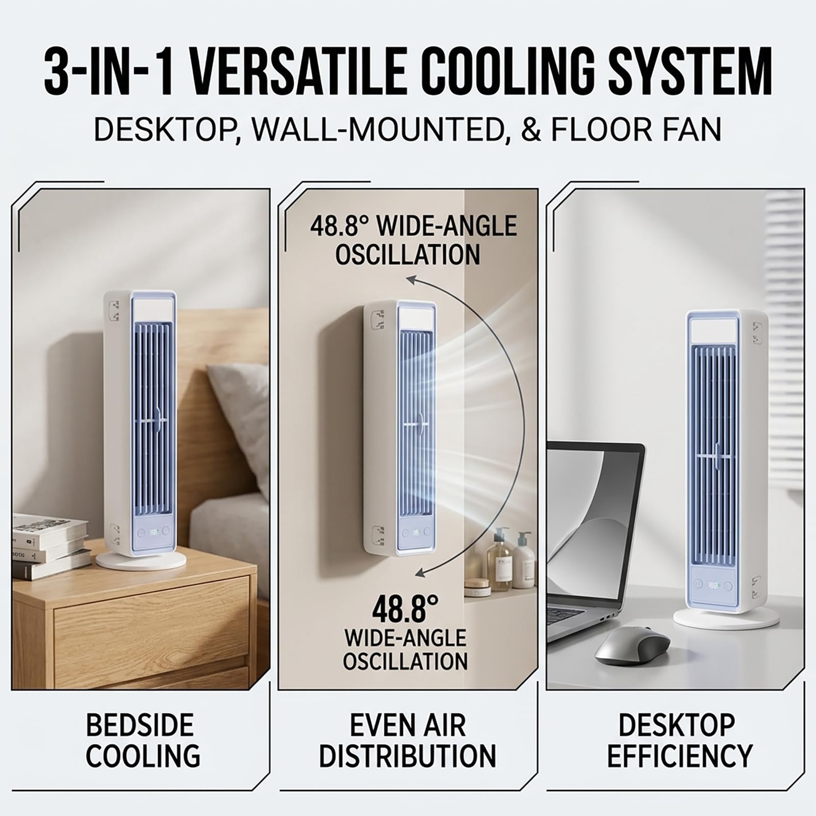 Enfriador de aire de torre sin aspas 3 en 1, ventilador de enfriamiento portátil USB de sobremesa o montable en pared con control remoto y pantalla digital, 5 velocidades de viento ajustables